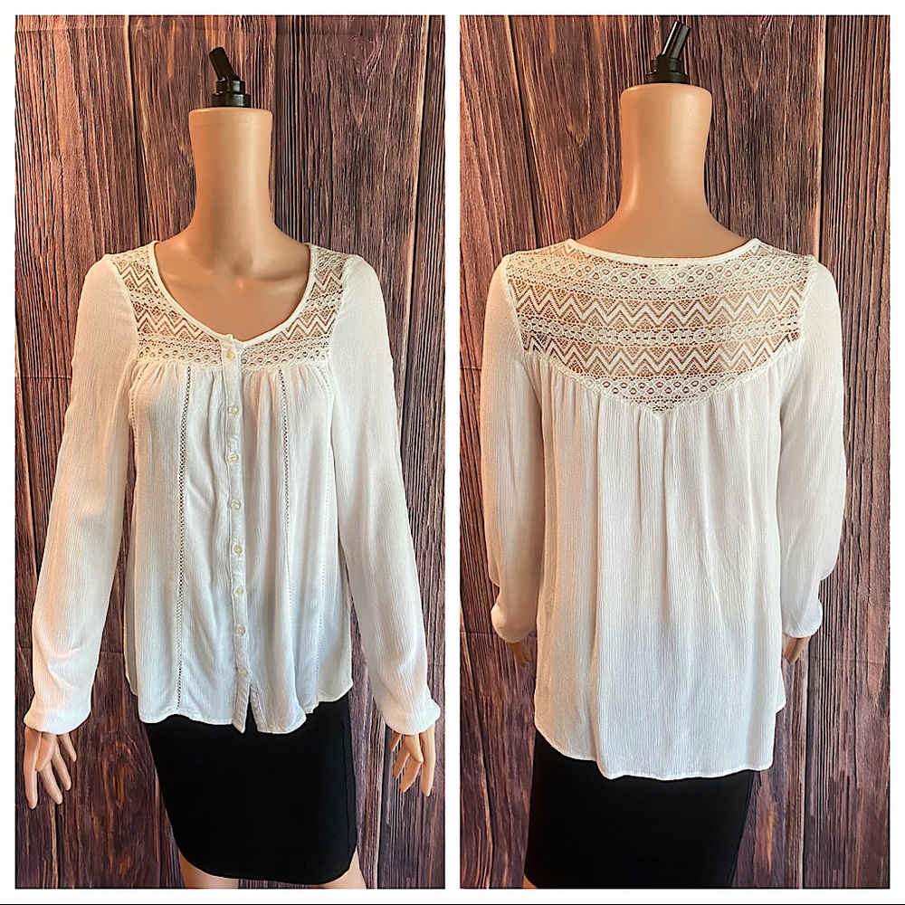 Aeropostale size small white flowy boho embroider long sleeve peasant blouse
